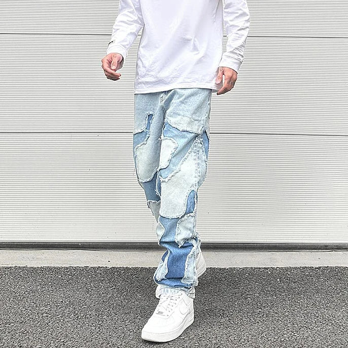 ripped irregular patchwork design denim jeans men casual zipper biker trousers jeans fashion streetwear hip hop pants joggers unique joggers style 3626