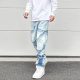 ripped irregular patchwork design denim jeans men casual zipper biker trousers jeans fashion streetwear hip hop pants joggers unique joggers style 3626