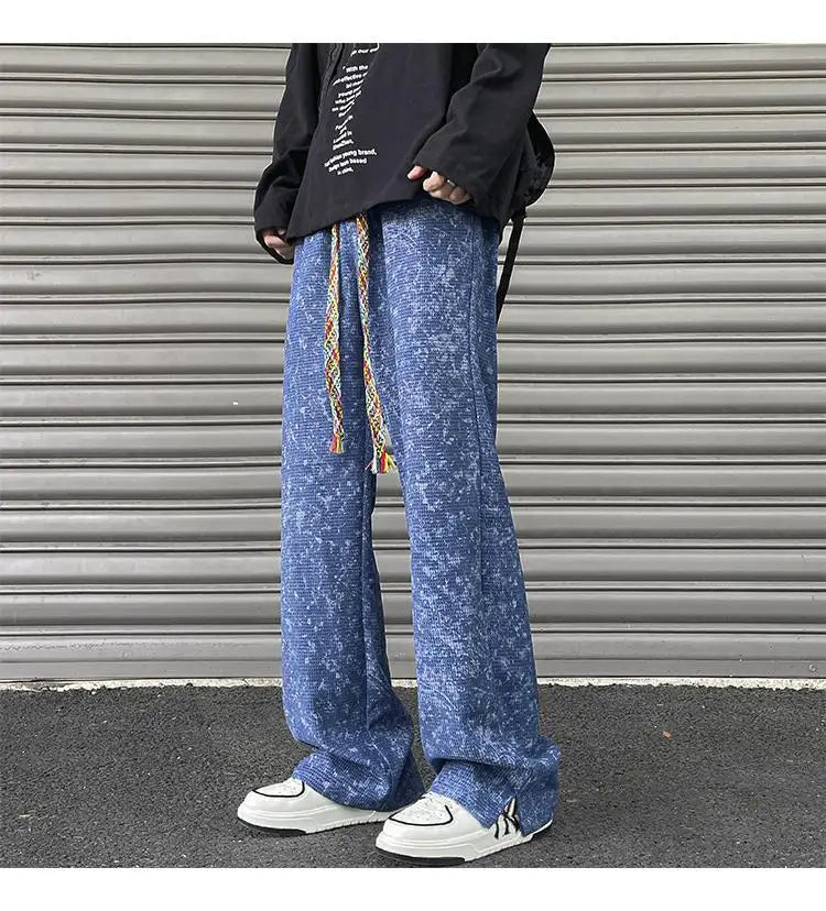 korean style waffle tie dye casual pants high street vibe pants men trendy brand colorful drawstring side slit straight trousers unique default style 2097