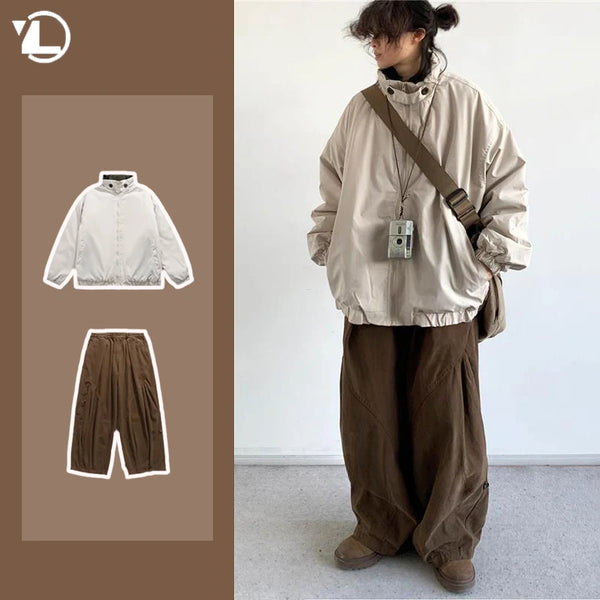 winter 2024 japanese college set mens vintage stand collar cotton jacket casual wide leg pants 2 piece suits male street 2 pcs urban fashion pants