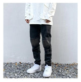 high street white knee pleated vertical stripe elastic fit skinny jeans male casual small leg jeans pants slim mens clothing unique jeans style 3672