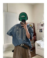 Retro embroidered denim shirts for men and women in summer loose Hong Kong style distressed short-sleeved Polo collar couple top