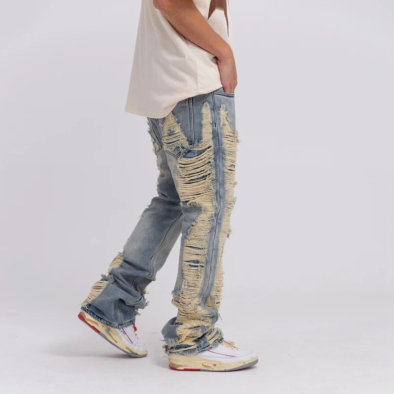 distressed skinny flared jean for mens big washed destroyed ripped denim jeans hip hop street wear blue biker jean pant women unique jeans style 198