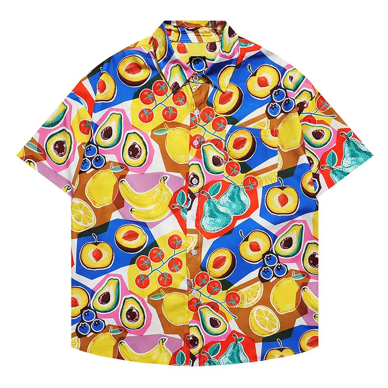 Mens Shirts Hawaiian Fruit Print Korean Version Clothing Button Stylish