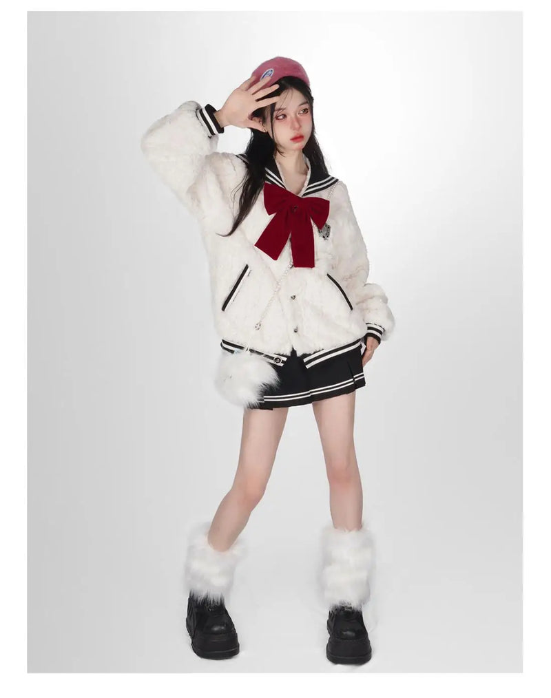 Harajuku Sweet Thicknecked Bow College Coat Woman Zip Up Hoodie Sailor