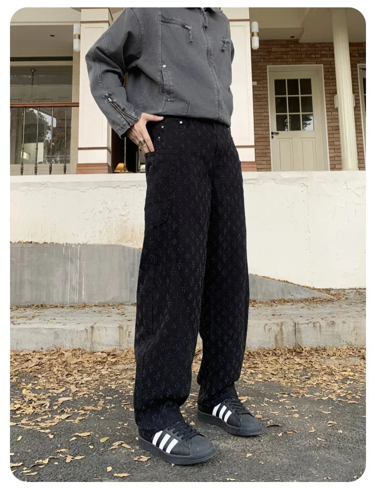 men brand fashion wash jacquard denim splice pocket loose casual wide leg baggy jeans cityboy cargo jeans pants trousers unique cargo style 2543