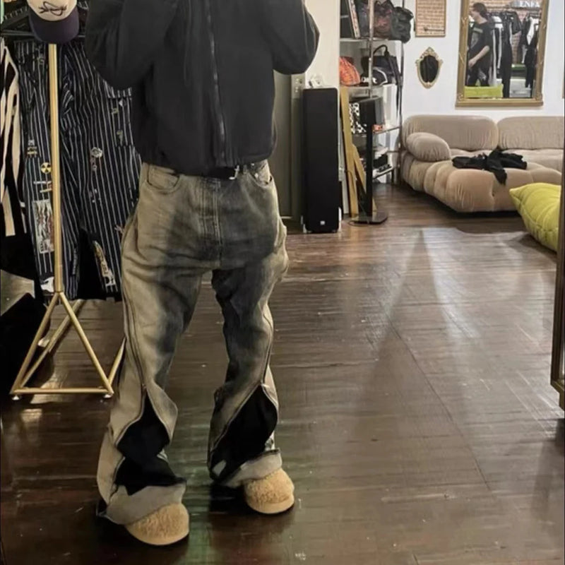 Ro Style Gradient Blue Horn Stacked Floor Dragging Jeans Unisex Streetwear Baggy Y2K Ribbons Zipper Denim Trousers Oversized