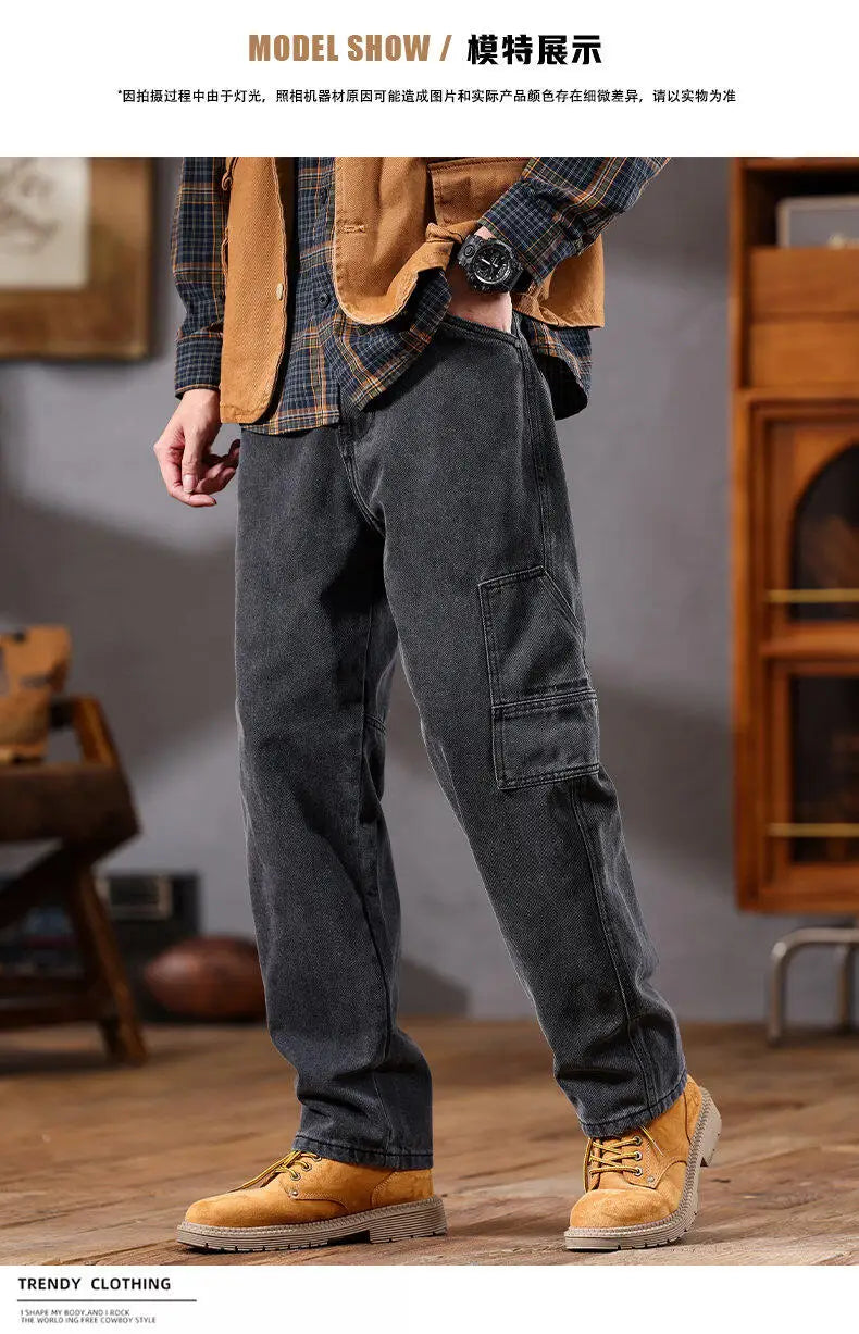 men retro fashion streetwear loose casual plus size straight denim cargo jeans pants man black gray jeans trousers unique cargo style 1982