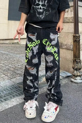 destroy ripped holes front letters embroidery denim jean pants men casual harajuku jean trouser hip hop streetwear pants joggers unique joggers style 3127