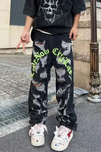 destroy ripped holes front letters embroidery denim jean pants men casual harajuku jean trouser hip hop streetwear pants joggers unique joggers style 3127