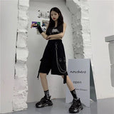 streetwear 2023 new womens summer shorts casual ribbons black cargo shorts for girls knee length pants with chain multi-pocket cargos