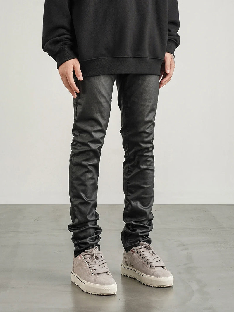 men pants high street wax coating pant casual streetwear hip hop zipper trousers harajuku fashion slim fit skinny pants joggers unique joggers style 2125