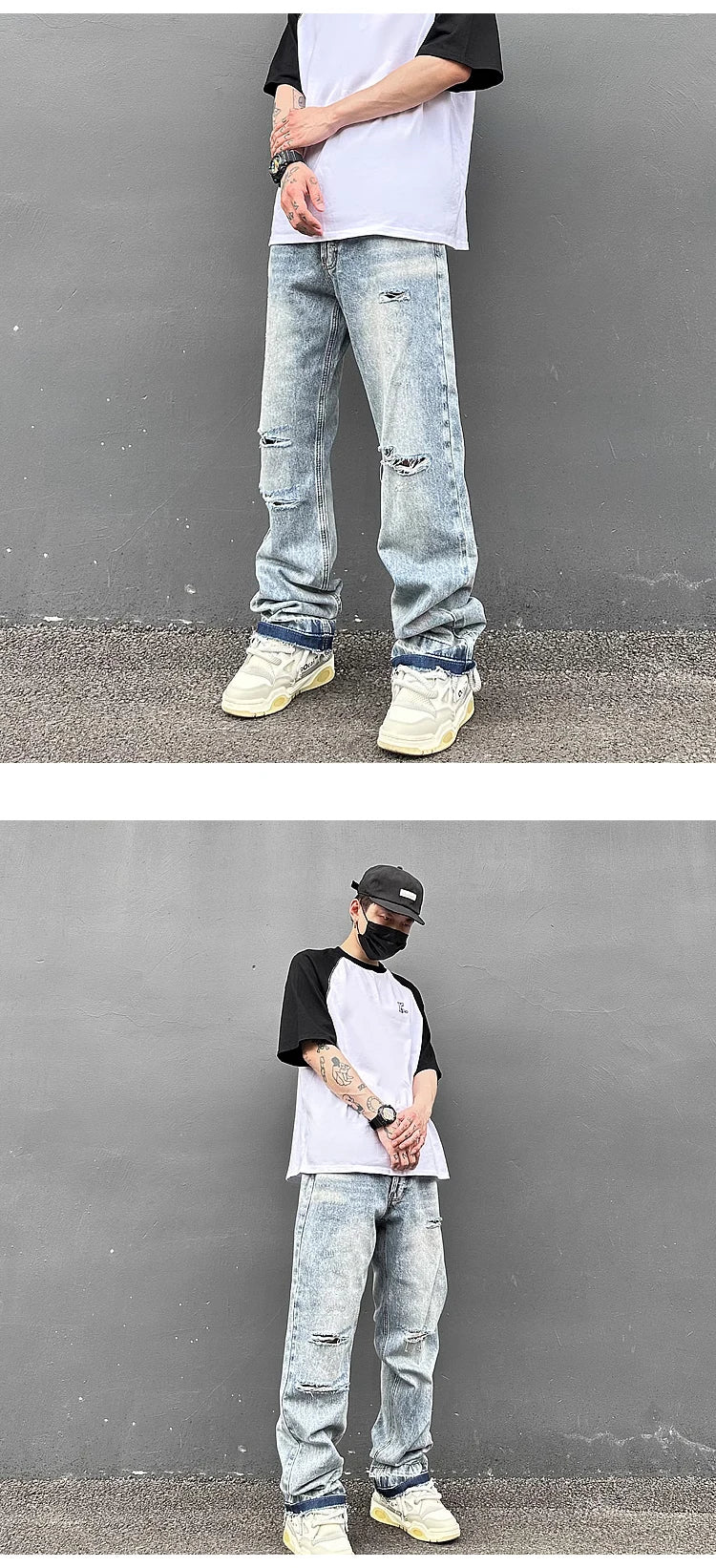 destroy ripped holes high street pants mens casual harajuku zipper straight trousers hip hop fashion streetwear baggy joggers unique joggers style 2171