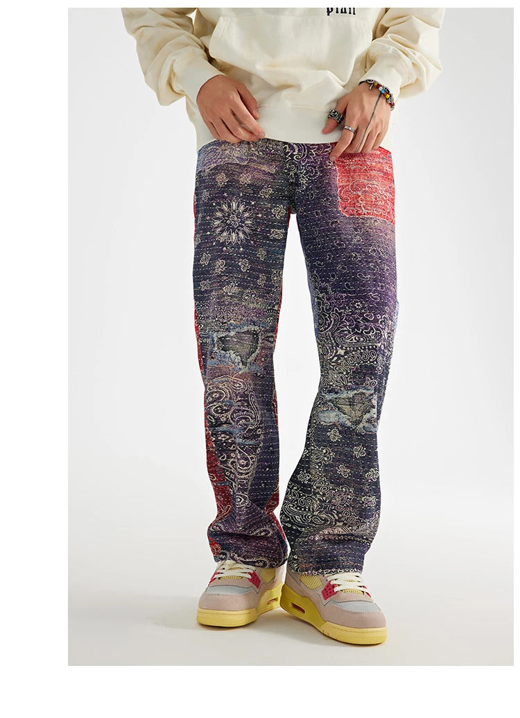hip hop paisley printed denim jeans mens new casual zipper straight jeans streetwear high street loose pants baggy jeans joggers unique joggers style 2401
