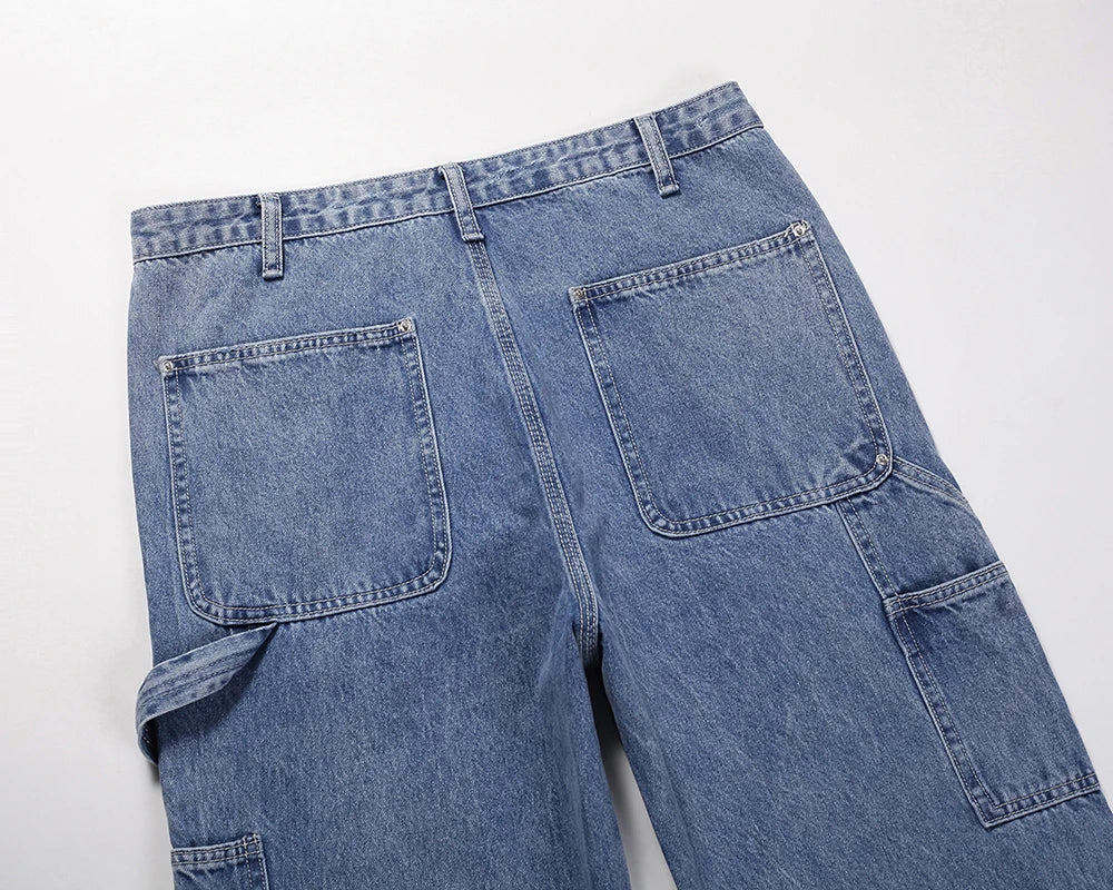 2024 new fashion blue pockets jeans for men and women streetwear casual cargo pants washed solid color denim trousers oversized unique cargo style 4491