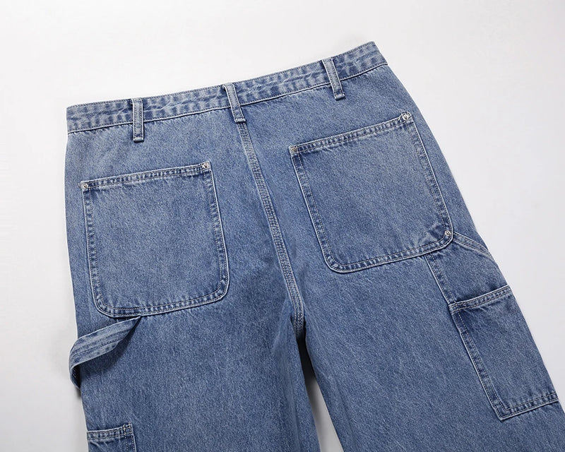 2024 new fashion blue pockets jeans for men and women streetwear casual cargo pants washed solid color denim trousers oversized unique cargo style 4491