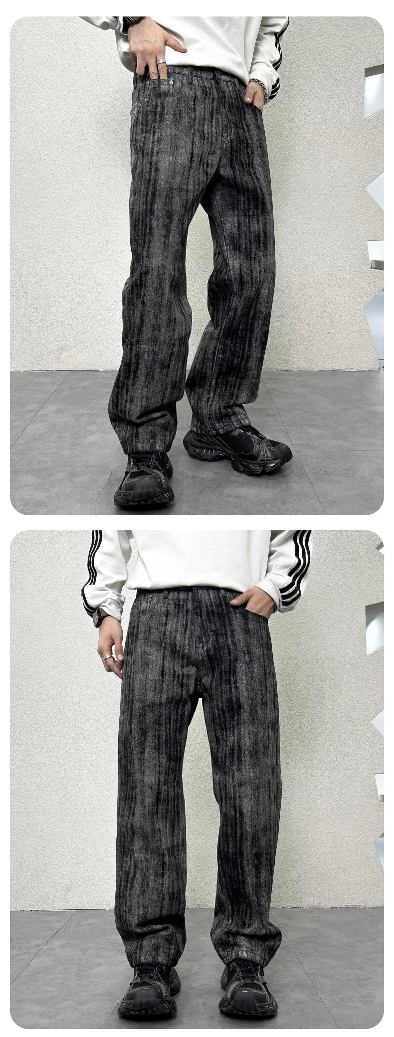 mens streetwear fashion hip hop vibe casual retro tie dyed denim pant jeans cityboy black gray straight jeans trousers unique jeans style 3048
