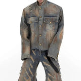 mens denim jacket jeans wilderness construction site style distressed washed holes street wear fashion versatile mens wear 2024 unique jeans style 204