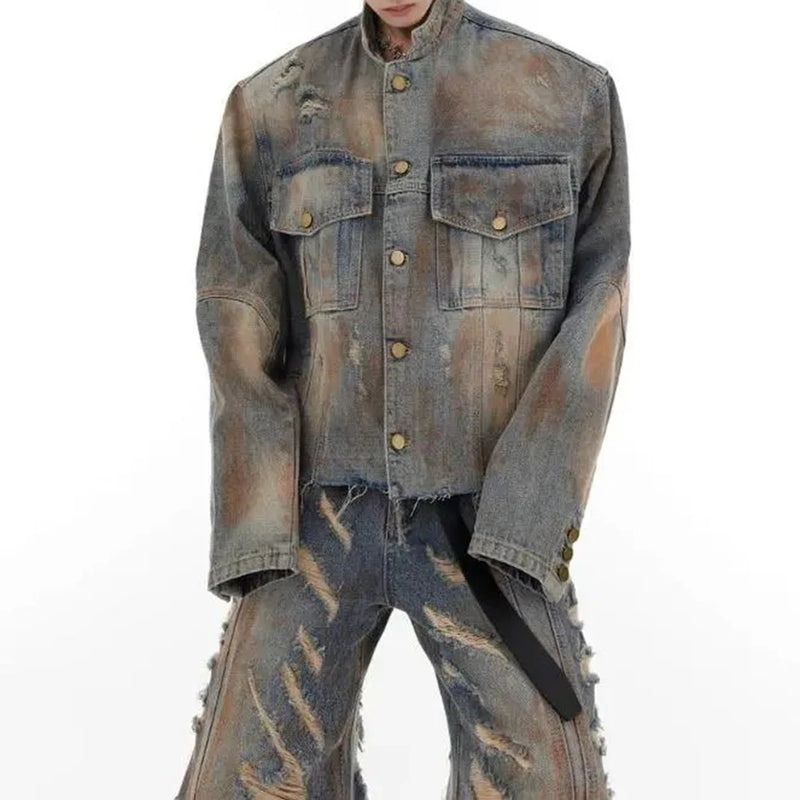 mens denim jacket jeans wilderness construction site style distressed washed holes street wear fashion versatile mens wear 2024 unique jeans style 204