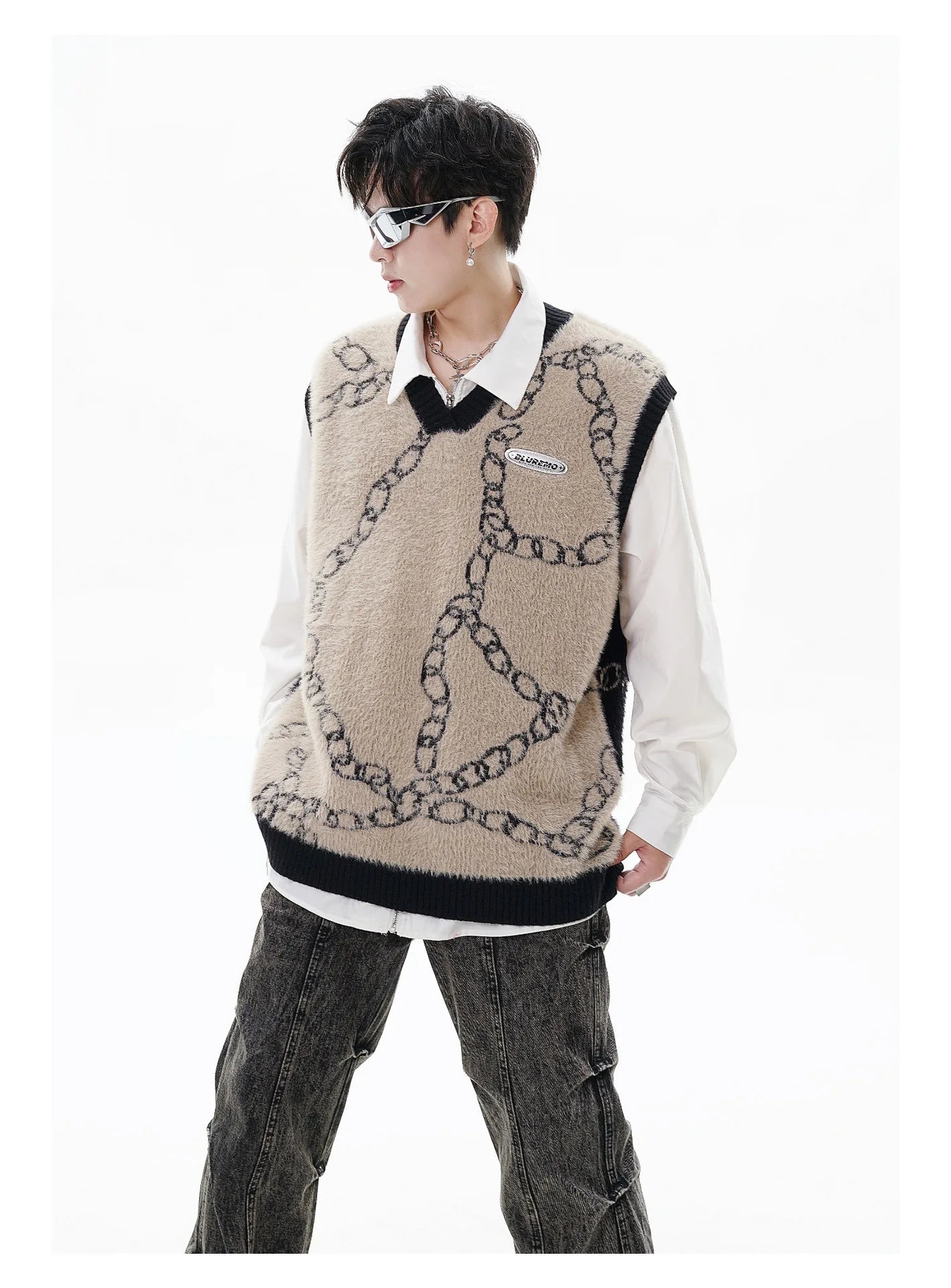 high street harajuku imitation mink hair knitted vest chain color block v neck pullover sweater vest oversized knitwear trendy streetwear fashion hoodie, aesthetic street look hoodie, oversized graphic print design