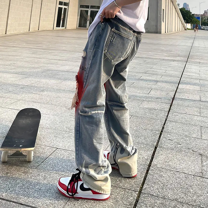 knee graffiti ripped holes denim jeans men unisex casual fire printed bottom zipper jeans streetwear hip hop jean pants joggers unique joggers style 3486