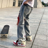 knee graffiti ripped holes denim jeans men unisex casual fire printed bottom zipper jeans streetwear hip hop jean pants joggers unique joggers style 3486