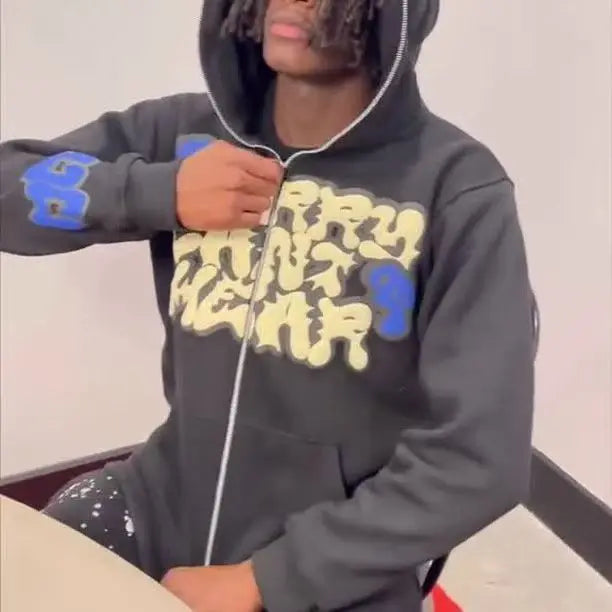 Letter Print Sweatshirt Fashion Men Women Winter Y2K Street Personality Zipper Hoodie Sweatshirt