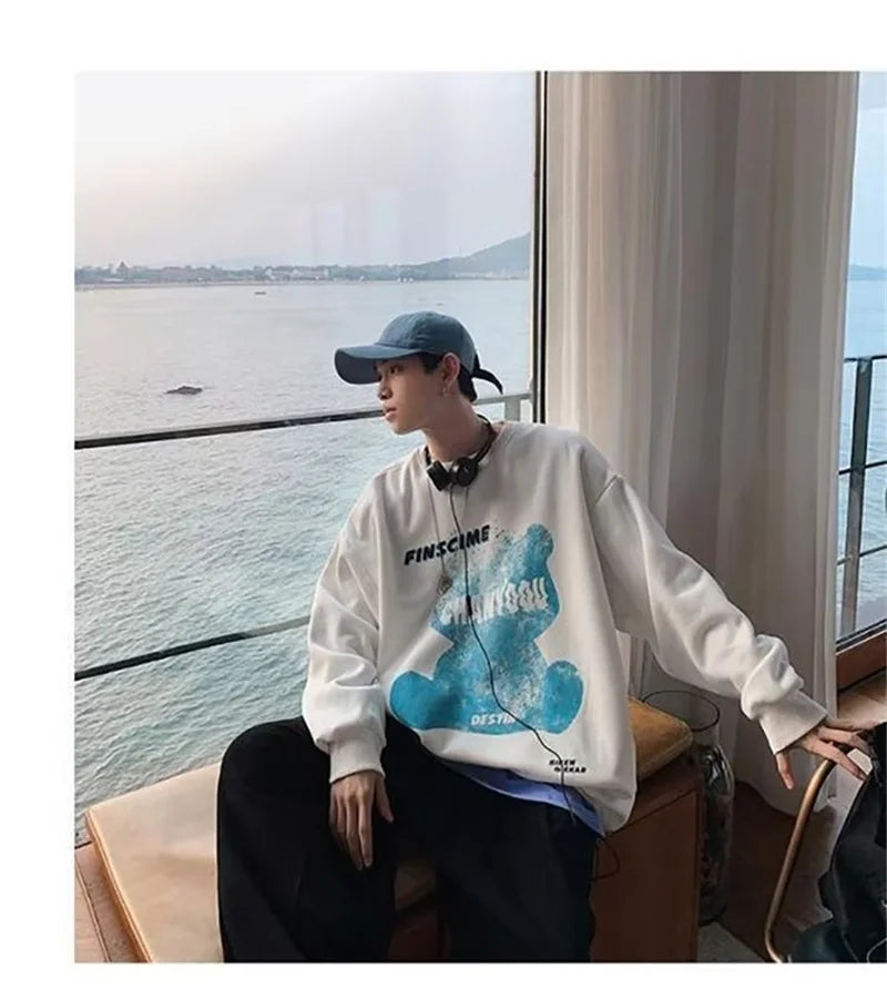 Graphic Blue Bear Kawaii Print Pullovers Hoodies For Men Autumn Fleece