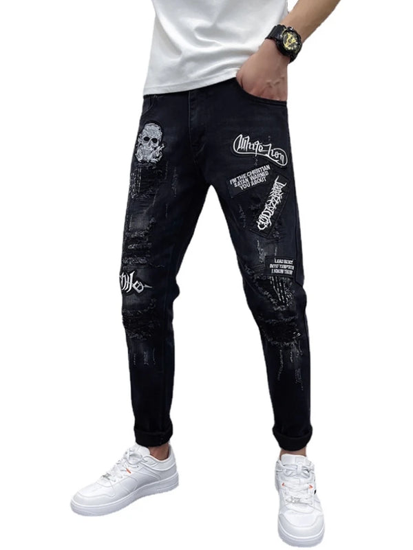 skull embroidery jeans ripped holes denim pants men zipper biker jeans streetwear slim fit y2k punk hip hop casual pants joggers sporty tapered joggers