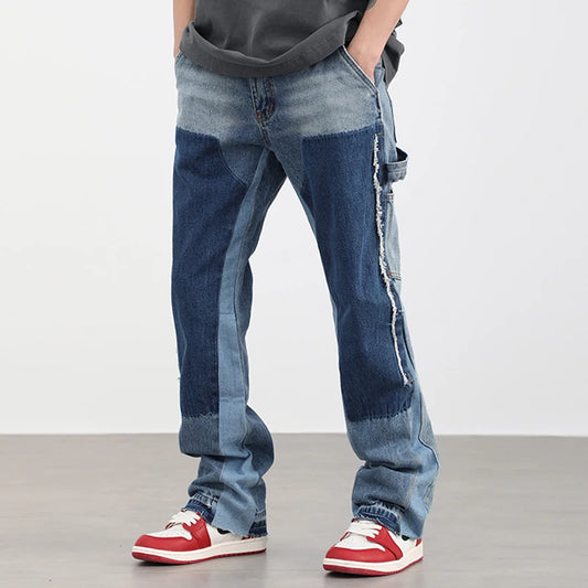 high street fashion contrast straight tube micro flared jean horn pant washing mens tassel vintage patchwork wide denim jeans vintage washed jeans