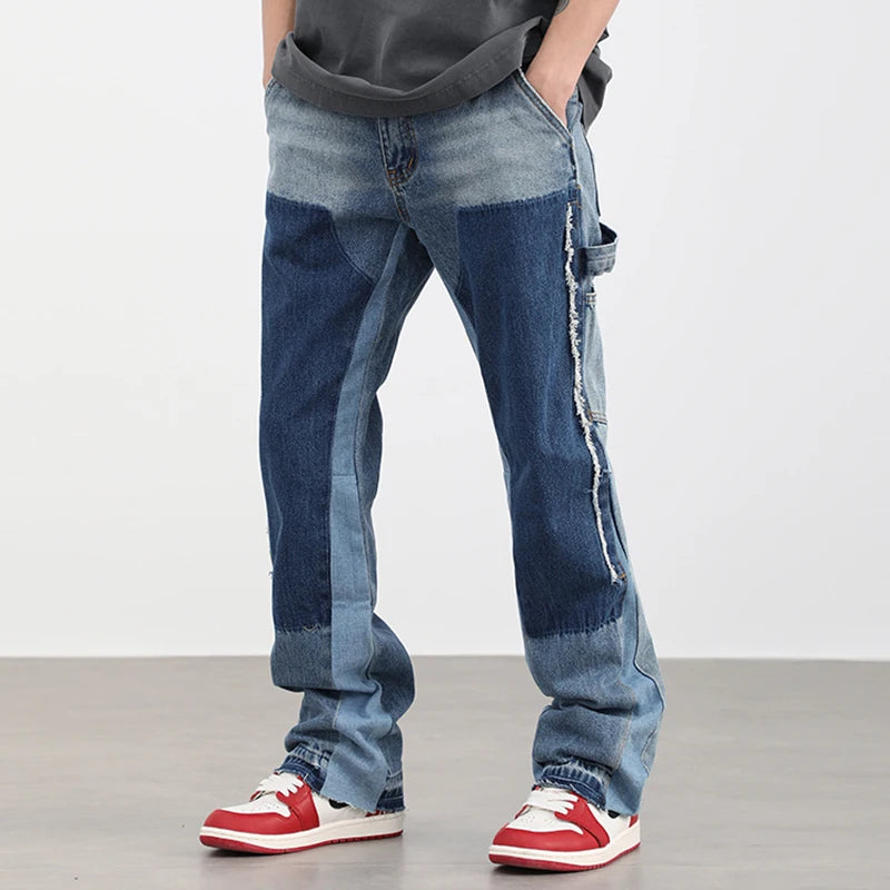 high street fashion contrast straight tube micro flared jean horn pant washing mens tassel vintage patchwork wide denim jeans vintage washed jeans