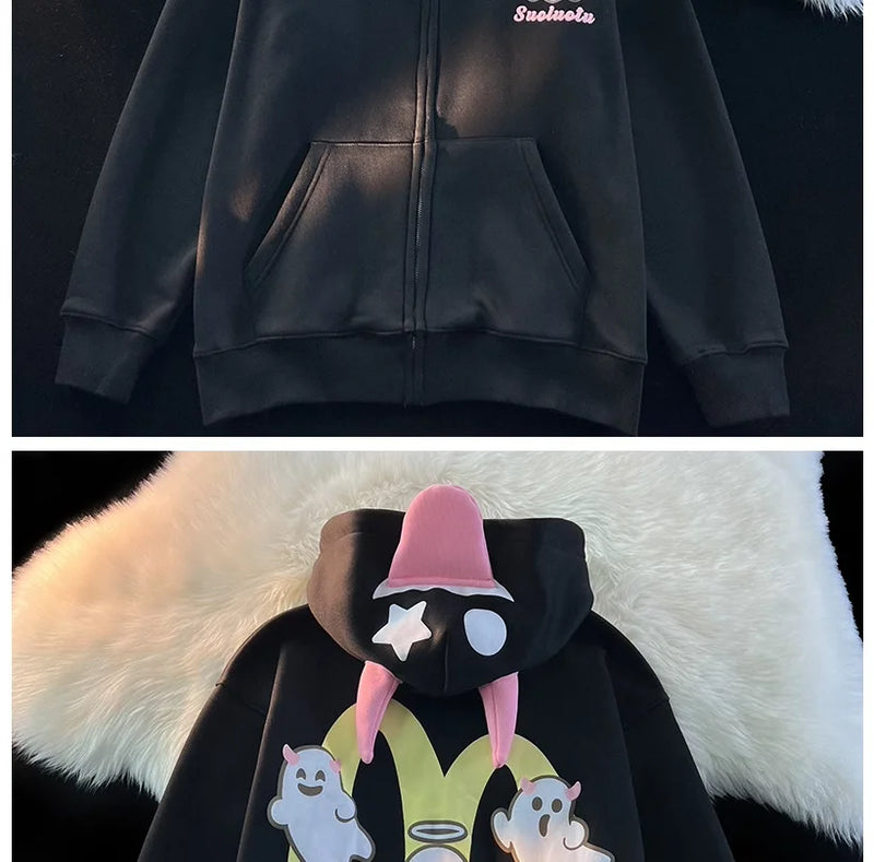 Japanese Devils Corner Hoodie Womens Couple Loose Gothic Winter Clothing Plush Hoodie Womens Zipper Hoodie  sweatshirt