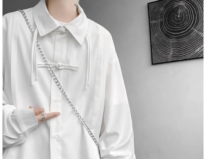 Shirts for men spring and autumn style national fashion design loose and versatile large size outer wear lapel long sleeved tops