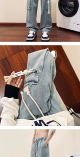 american retro and personalized straight leg jeans for men and women with hiphop big pocket design work pants loose casual pants unique jeans style 764