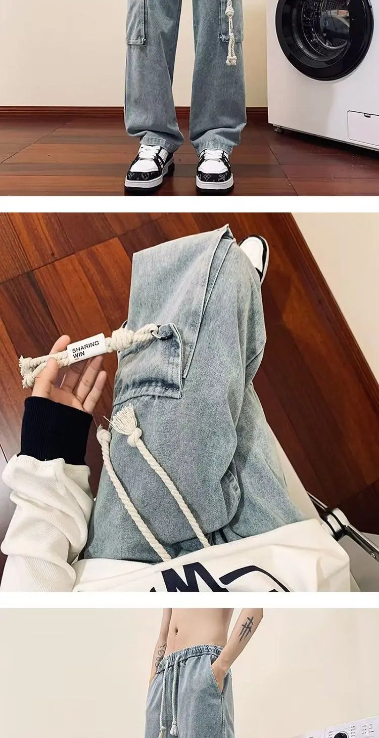 american retro and personalized straight leg jeans for men and women with hiphop big pocket design work pants loose casual pants unique jeans style 764