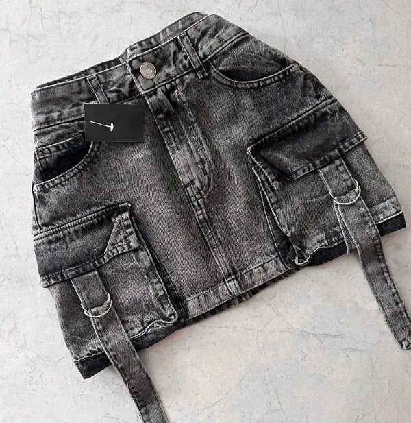Vintage Y2K New Harajuku Multiple Pockets Denim Plaid Skirt Goth Black Mini Skir Fashion Womens Casual Versatile Sexy Streetwear