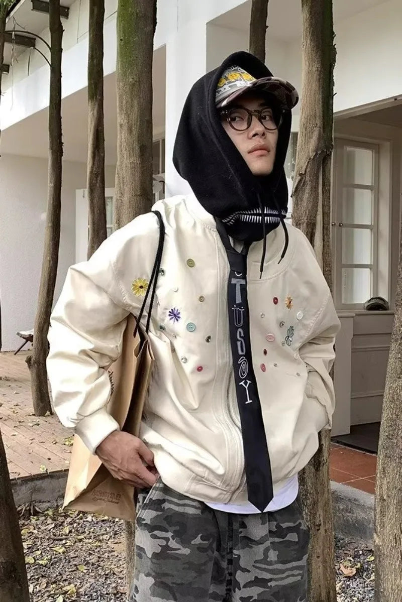 retro baseball bomber, cold season style, for men, fall streetwear outfit, oversized style, layered fashion, modern aesthetic