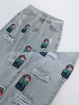 fashion ripped holes patchwork harajuku embroidery denim straight jean pants y2k trouser unisex hip hop streetwear jeans pants unique jeans style 4226
