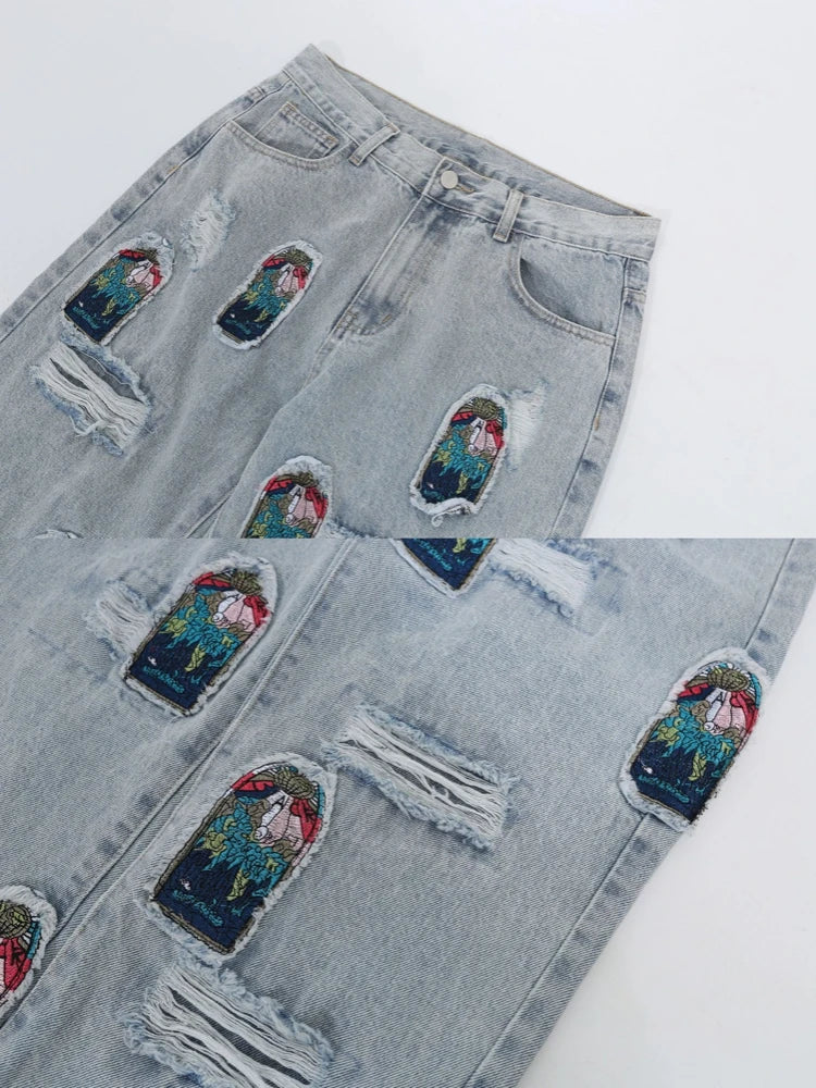 fashion ripped holes patchwork harajuku embroidery denim straight jean pants y2k trouser unisex hip hop streetwear jeans pants unique jeans style 4226
