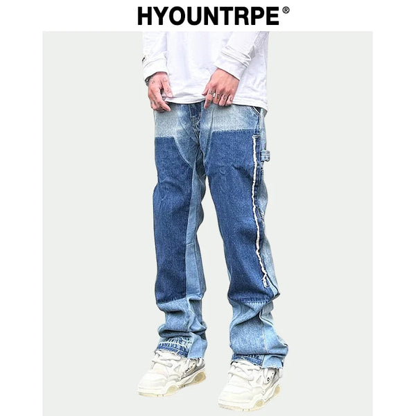 patchwork design denim flare jeans pants men casual zipper straight biker trousers jeans fashion streetwear hip hop jean joggers relaxed fit joggers