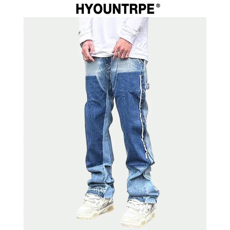 patchwork design denim flare jeans pants men casual zipper straight biker trousers jeans fashion streetwear hip hop jean joggers relaxed fit joggers