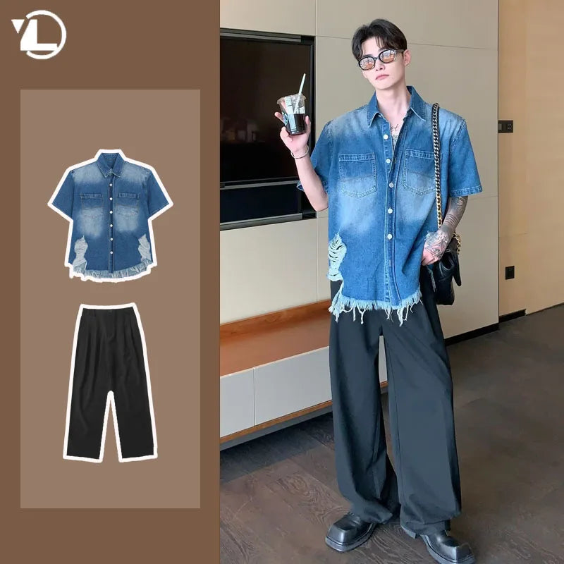fashion high street mens set 2024 multi pocket short sleeved denim shirt casual straight leg pants 2 pcs set summer suit unisex unique jeans style 4505