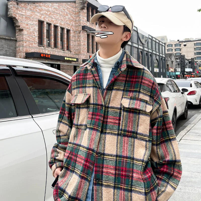 Woolen Coat Men Warm Oversized Retro Thickened Woolen Jacket Mens Streetwear