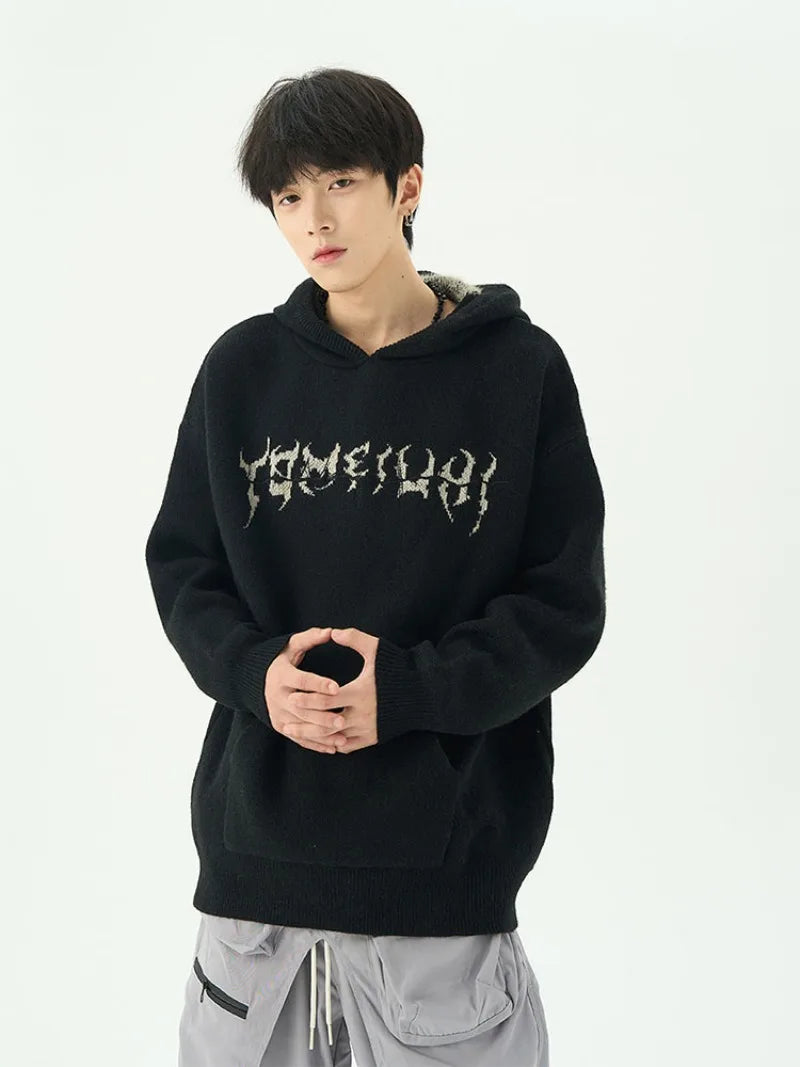 varsity flame knitwear, statement sweater, cozy knitwear for men, oversized grunge aesthetic winter top