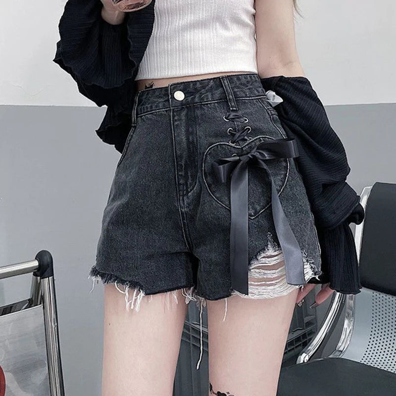 high waist women denim shorts summer fashion bow loose shorts korean casual female streetwear all match ripped pants denim street jeans