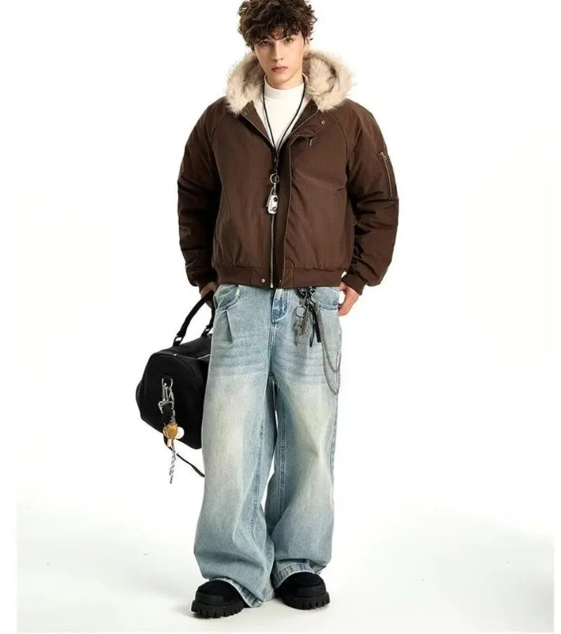 Winter American Street Hooded Parkas Mens New 2024 Thickened Trendy Fur Collar Cotton Jackets Warm Zipper Pocket Fluffy Coats
