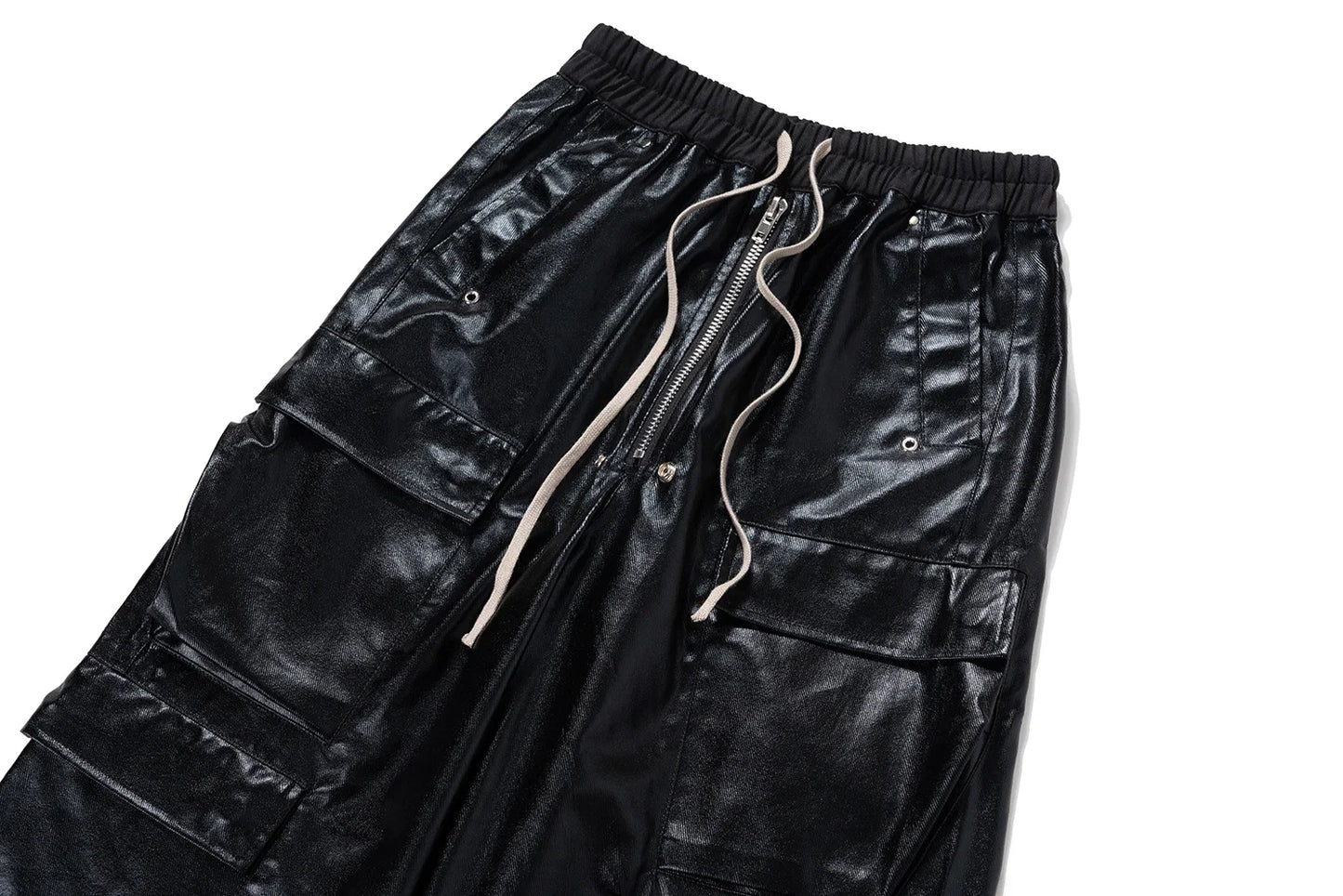 ro style glossy black pu leather pants for men high street y2k pantalones hombre baggy overall wide leg drawstring cargos unique cargo style 5648