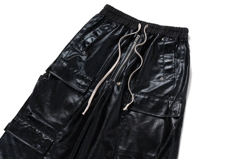 ro style glossy black pu leather pants for men high street y2k pantalones hombre baggy overall wide leg drawstring cargos unique cargo style 5648