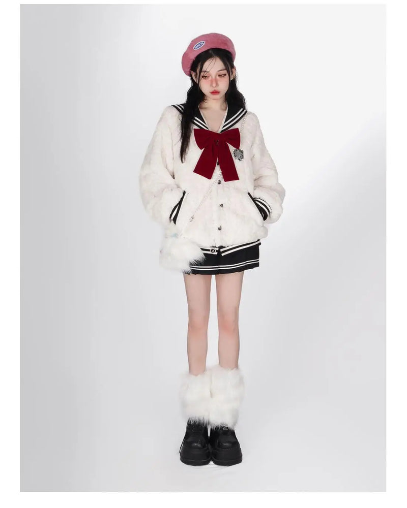 Harajuku Sweet Thicknecked Bow College Coat Woman Zip Up Hoodie Sailor