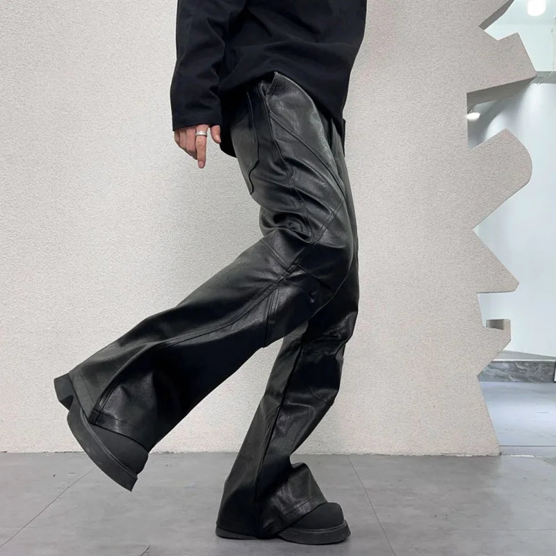 men streetwear fashion hip hop punk gothic vibe casual leather bell bottoms pant man boyfriend flared trousers unique default style 3009